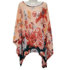 Womens Floral Print Poncho Blouse Batwing Sleeve Tunic Kaftan Top Kimono Top